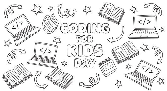 Coding for kids day educational banner with hand-drawn doodle style laptops, books, and stars on a white background, illustrating STEM learning and programming for children