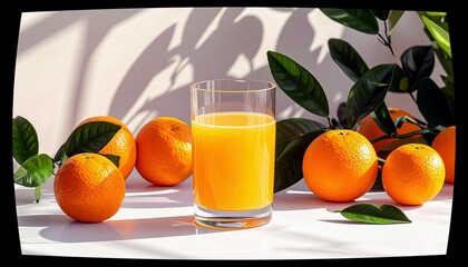 A refreshing glass of orange juice is presented with whole oranges and vibrant green leaves, bathed in natural light.