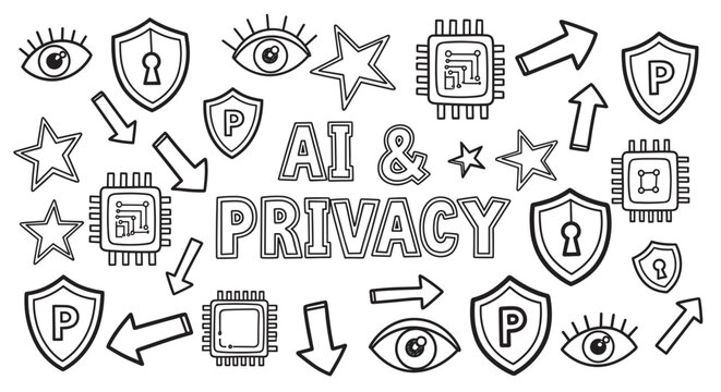 Conceptual line art illustration exploring the theme of artificial intelligence and privacy with hand-drawn symbols like security shields, surveillance eyes, and computer chips
