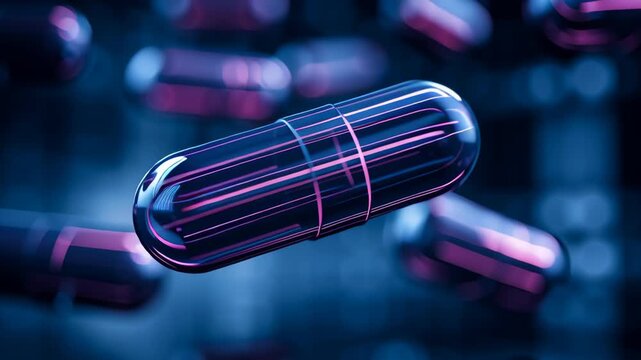 Futuristic 3D rendering of floating capsules in a vibrant digital space