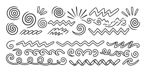 Fototapeta premium A large collection of hand-drawn black doodle elements, including spirals, zigzags, waves, and abstract squiggles, isolated on a clean white background for creative design