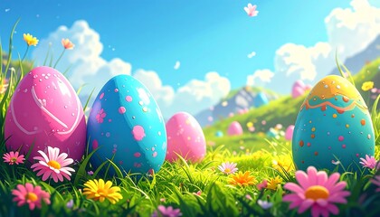 A vibrant, sunny Easter scene. Colorful eggs dot a lush green field filled with flowers under a bright blue sky with fluffy clouds