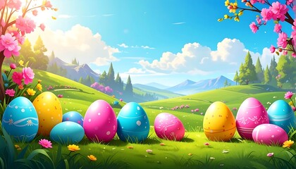 A vibrant, sunny landscape with colorful eggs on grass, blooming trees, rolling hills, and a clear, blue sky. Mountains are visible in the distance