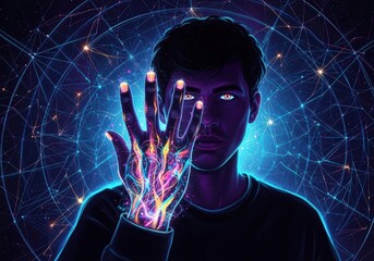 Man showing hand filled with colorful energy over abstract space