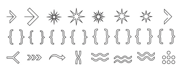Naklejka premium A collection of minimalist black line art icons featuring arrows, stars, brackets, and other abstract symbols isolated on a clean white background for modern design projects
