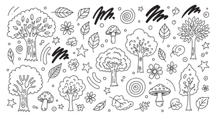 Naklejka premium A whimsical collection of hand-drawn nature doodles in a simple line art style, featuring various trees, leaves, mushrooms, flowers, and abstract shapes on a beige background