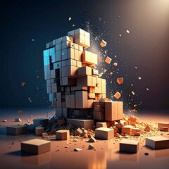 A structure of stacked blocks is disintegrating, with fragments scattered. Warm and cool lighting create depth