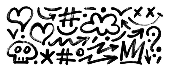 Graffiti bold brush drawn shape set. Hand drawn punk stickers, cloud and hashtag symbols. Grunge rock skull, heart and arrow shapes. Funky graphic figures for urban design posters, street art banner.