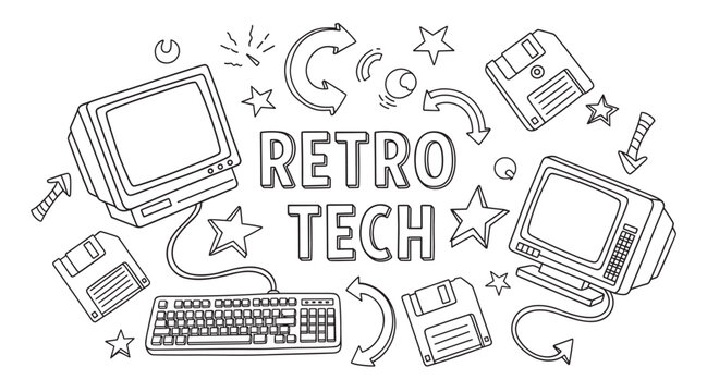 Nostalgic black and white line art illustration featuring vintage computer monitors, keyboards, and floppy disks with the text 'Retro Tech' in a fun doodle style