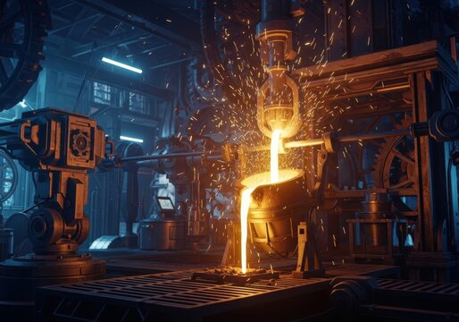 Molten metal casting process in foundry industrial machinery workplace