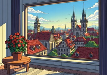 View of old city rooftops from window in cozy home flower decor