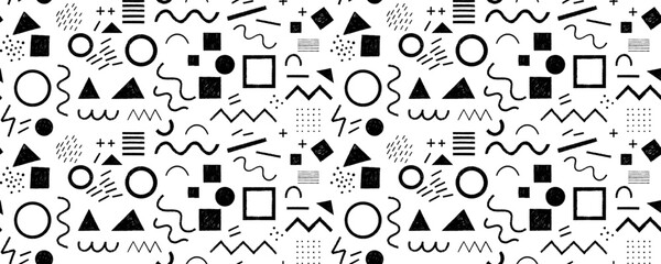 Crayon or chalk drawn geometric shapes seamless pattern. Rough pencil naive basic forms wrapping paper for kids design. Hand drawn graphic circles, squares and grid seamless background.