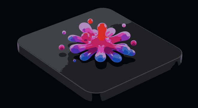 An energetic explosion of vivid magenta, blue, and red liquid paint splashes dramatically across a minimalist black digital device surface.