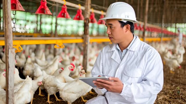 An Asian man in a white coat and hard hat inspects chickens in a poultry farm.