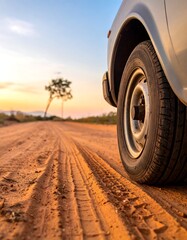 A vintage vehicle's tire and fender on a dusty, rural road, with tire tracks. A tree stands in the distance