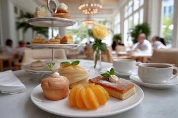 An elegant afternoon tea service with assorted pastries and cakes. Gourmet desserts for high tea in a bright, luxury restaurant
