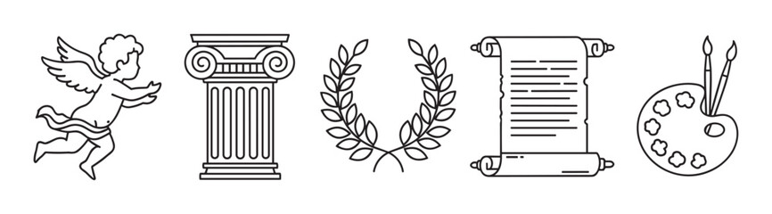 A set of minimalist black line art icons representing classical art and knowledge, featuring a cherub, ionic column, laurel wreath, parchment scroll, and artist's palette isolated on white
