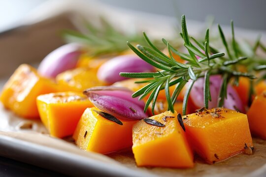 Close-up of roasted butternut squash with red onion and fresh rosemary. Healthy autumn vegetable dish preparation for a seasonal recipe