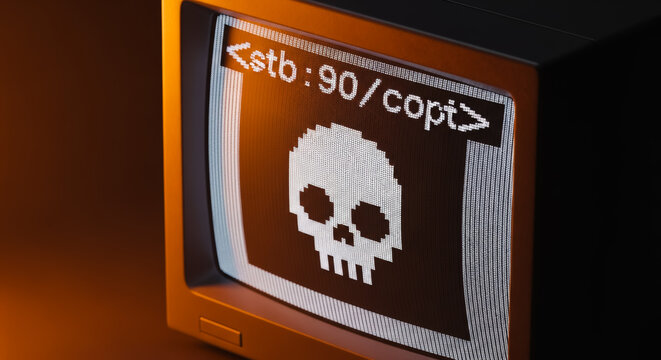 A vintage computer monitor displaying a pixelated skull icon, casting an eerie glow in a dimly lit environment, hinting at digital threats and cyber dangers.