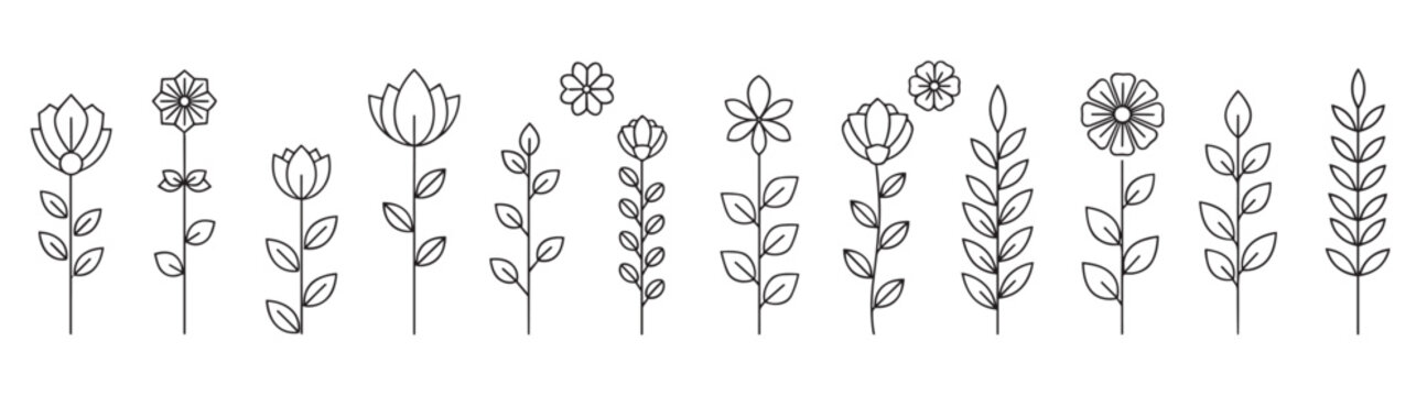 A collection of minimalist black line art flowers and botanical plants with stems and leaves, a simple and elegant vector icon set of floral elements isolated on a white background