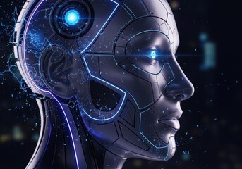 Futuristic ai robot head profile with glowing blue neon details face