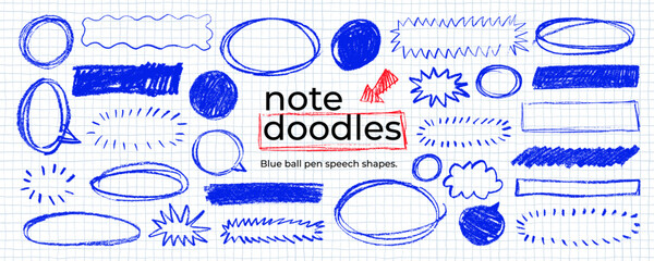 Blue pen text boxes and shapes collection. Blue ball pen ovals, rectangles and starburst doodles at grid notebook background. Crayon drawn note speech bubbles and shapes for text.