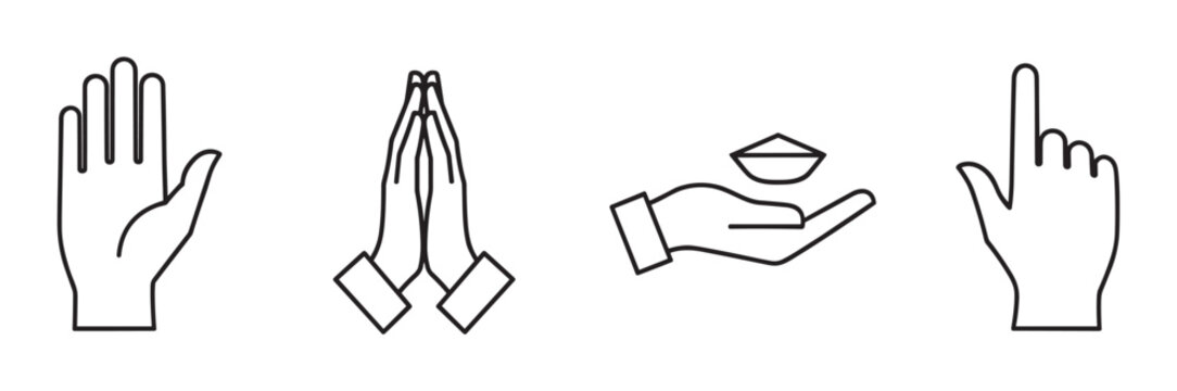 Set of four minimalist hand gesture icons in a clean line art style, illustrating concepts like prayer, charity, pointing, and greeting, isolated on a white background
