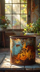 A weathered metal container sits indoors, contrasting against a sunlit window. Plants and a stool add details