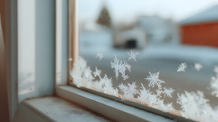 Snowflake formations on a window, capturing the beauty of winter