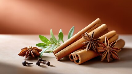 Aromatic spices with cinnamon sticks, star anise, and cloves on a brown background. Natural cooking ingredients for autumn and winter recipes with copy space
