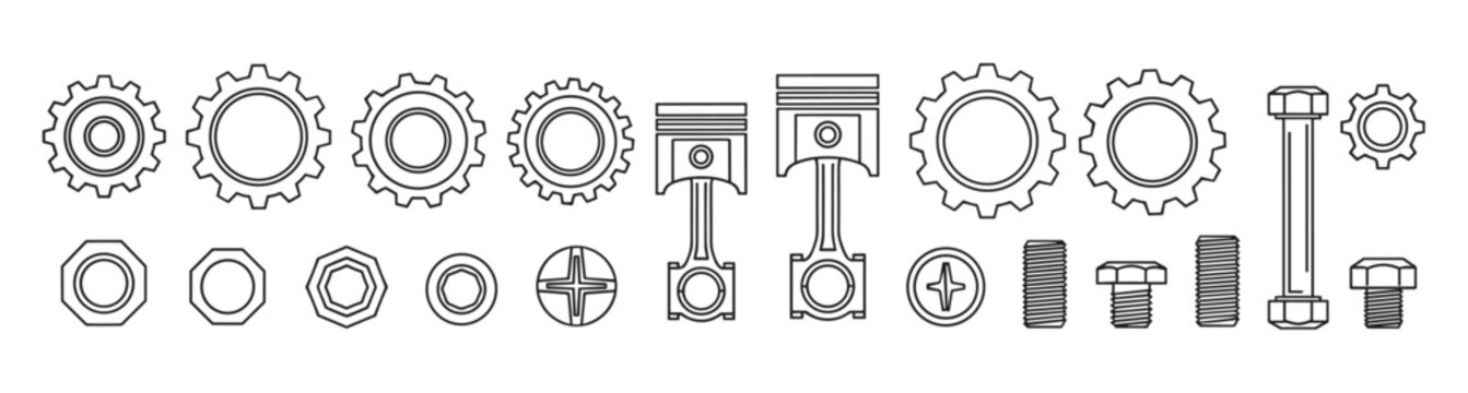 A collection of mechanical parts including gears, pistons, nuts, and bolts, illustrated in a simple black and white line art style on a clean isolated background