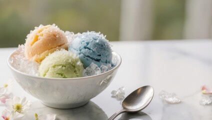 Colorful ice cream scoops in a white bowl with a spoon.