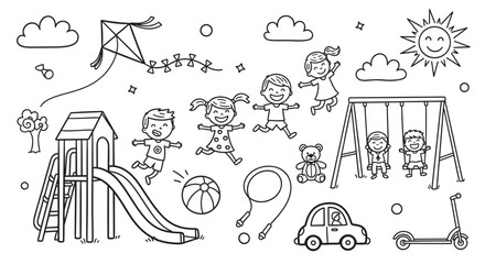 A charming collection of hand-drawn doodle illustrations showing happy children playing at a playground with toys like a kite, slide, and swings on a sunny day