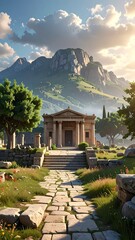 A sunlit scene features ancient ruins with a stone path leading towards a classical building against a mountain backdrop