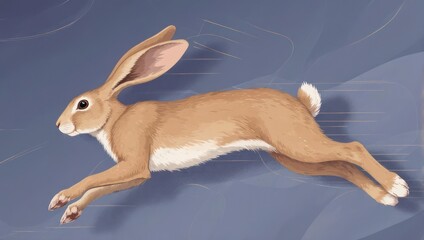 Running Brown Hare in Motion Against Blue Background.