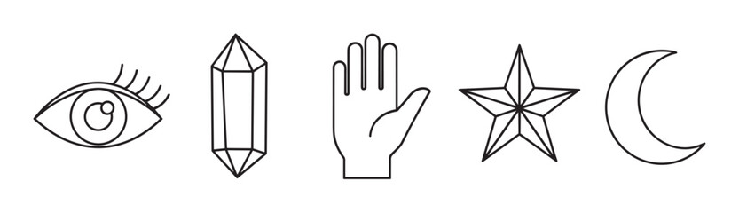 Obraz premium A set of mystical and esoteric symbols including an eye, crystal, hand, star, and moon, rendered in a clean black and white line art style on an isolated background