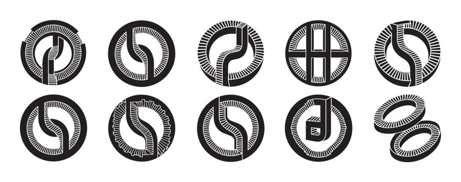 Minimalist collection of ten abstract geometric design elements with a 3D illusion, featuring circular and ribbon-like shapes in a bold black and white graphic style