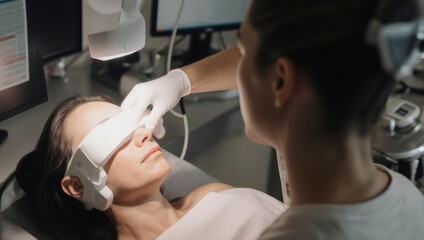 Woman Undergoing Advanced Eye Examination with Specialized Medical Device.