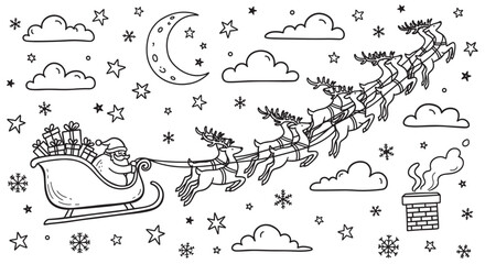 Naklejka premium A whimsical hand-drawn illustration of a festive character flying in his sleigh with reindeer across a starry winter night sky with clouds, snowflakes, and a crescent moon
