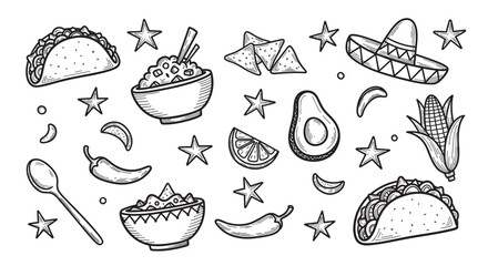 A festive collection of traditional Latin American food icons, including tacos, nachos, and chili peppers, hand-drawn in a vintage sketch style on a simple cream-colored background