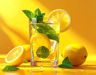 A refreshing, brightly-lit image of a clear glass filled with ice, lemon slices, mint, and effervescent water. Two lemons and mint leaves are featured