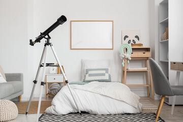 Fototapeta premium Interior of stylish children's room with bed and modern telescope