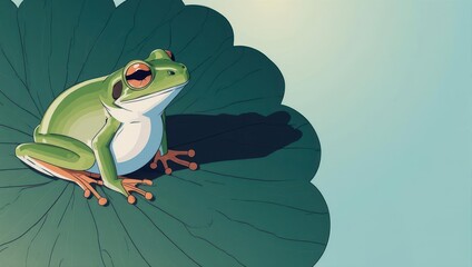 Green tree frog resting on a large lotus leaf in a serene pond setting.