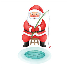 Santa Claus Ice Fishing Watercolor Vector Isolated on White Background
