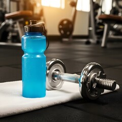 Blue electrolyte drink bottle with towel and dumbbell in gym, wallpaper, symbolizing hydration and fitness.