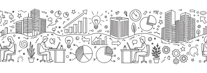 A creative seamless border with hand-drawn doodles of office workers, cityscapes, charts, and icons representing business ideas and growth on a white background