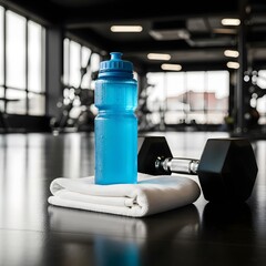 Blue electrolyte drink bottle with towel and dumbbell in gym, wallpaper, symbolizing hydration and fitness.