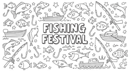 Fototapeta premium A black and white doodle illustration for a fishing festival featuring cartoon fish, boats, rods, and hooks, perfect as a coloring book page or event banner design