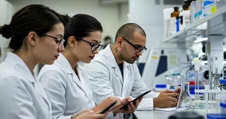 Diverse scientists collaborate in a modern laboratory setting examining data on tablets. - Powered by Adobe
