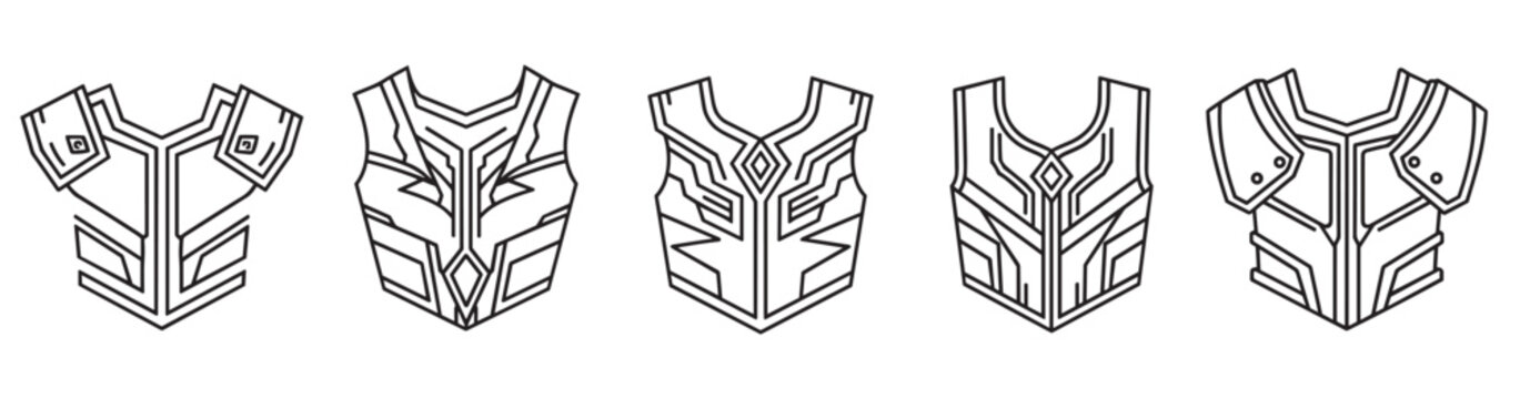 A collection of five futuristic chest armor designs presented as a simple black and white line art icon set, perfect for fantasy or sci-fi video game character concepts